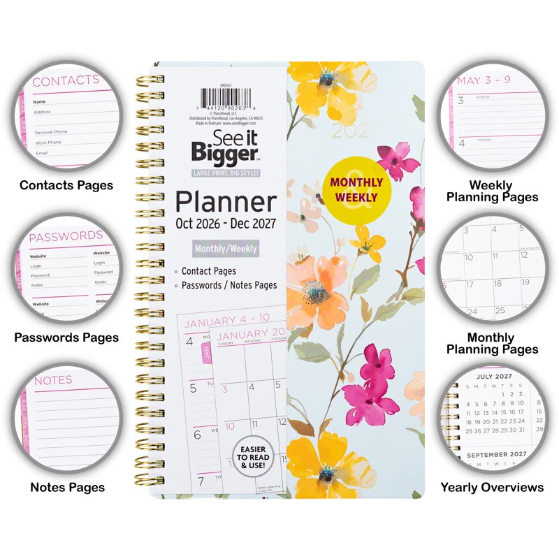 See It Bigger Floral Monthly Weekly Planner 15-Month, Large Print, 5.5 x 8.75 Inches