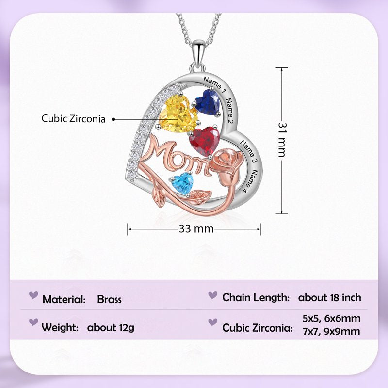 Personalized Brass Heart Necklace with Birthstones for Mom - Family Jewelry