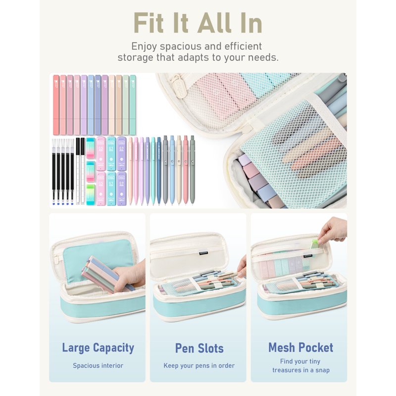 Blue Four Candies 39-Piece Aesthetic School Supplies Set with Pen Case, 12 Highlighters, 6 Mechanical Pencils, 5 Gel Pens