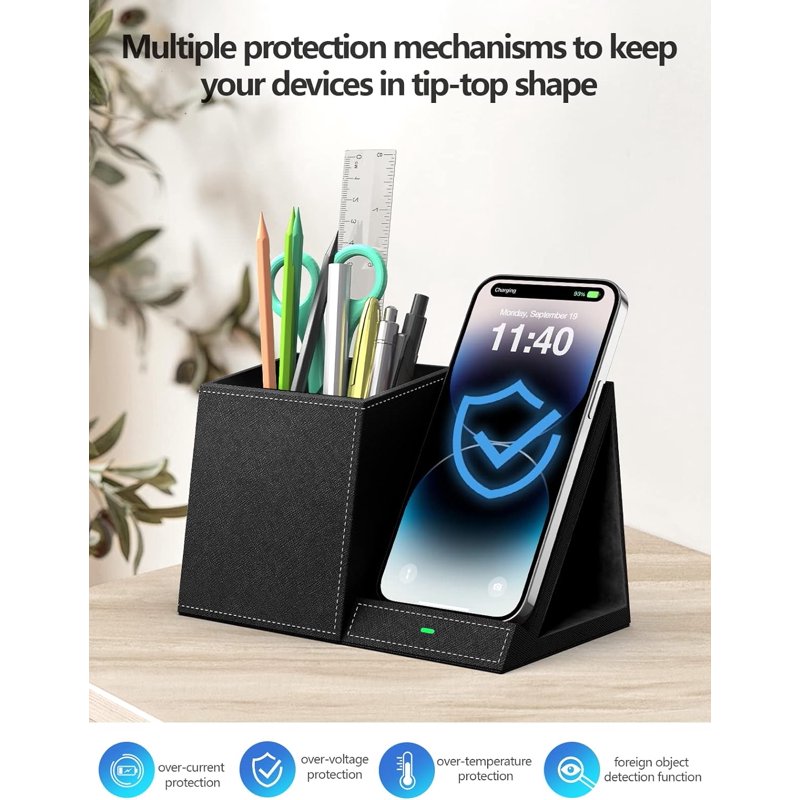 Wireless Charging Desk Organizer with Phone Stand & Pen Holder