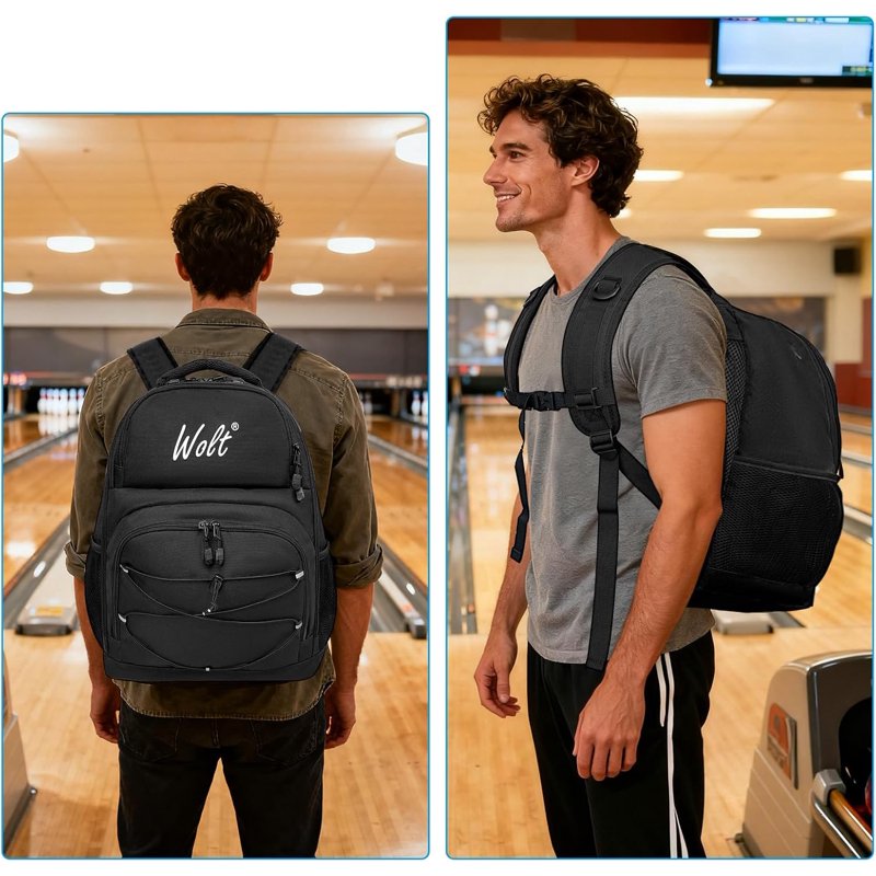 WOLT 2-Ball Bowling Backpack Bag with Protective Foam & Shoe Compartment – Black