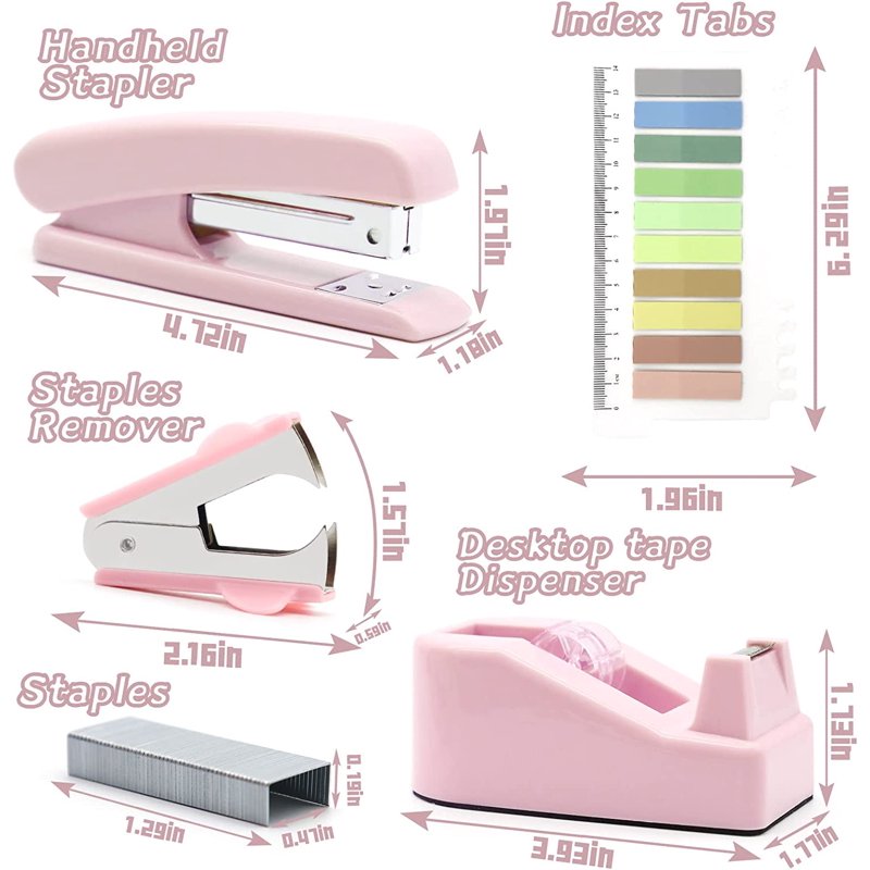 Pink Office Supplies Set with Stapler, Tape Dispenser, Clips & Scissors - Desk Organizer Kit