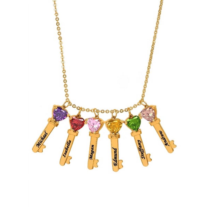 Personalized Family Key-Shaped Charm Pendant with Birthstones - Gift for Mom & Grandma