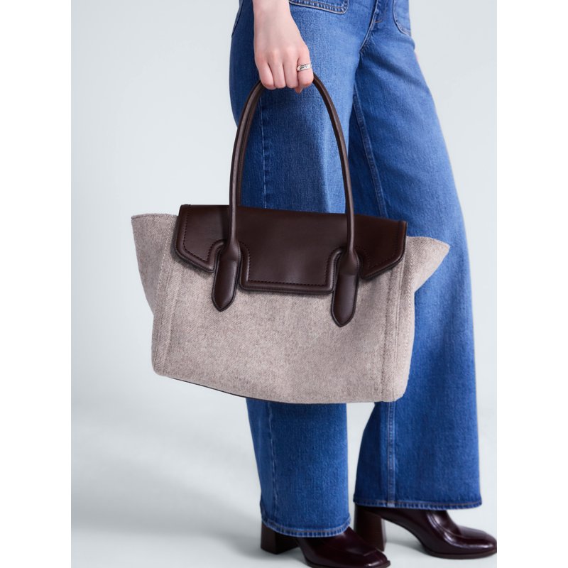 Women's Tan Gray Leather Satchel Bag with Laptop Sleeve and Organizer