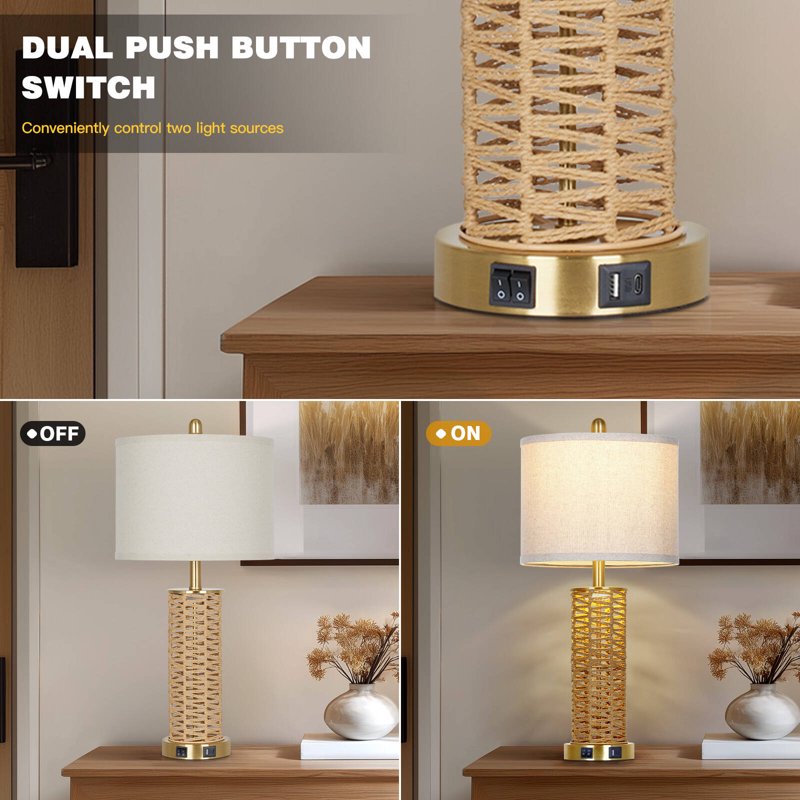 Set of 2 27-Inch Rattan Woven Table Lamps with USB Ports and Dual Switches