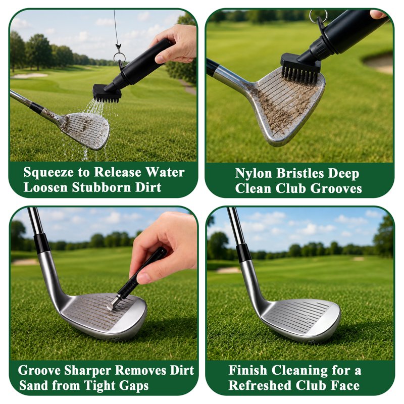 Golf Club Cleaner Brush with Water Bottle & Clip - Portable Groove Cleaner