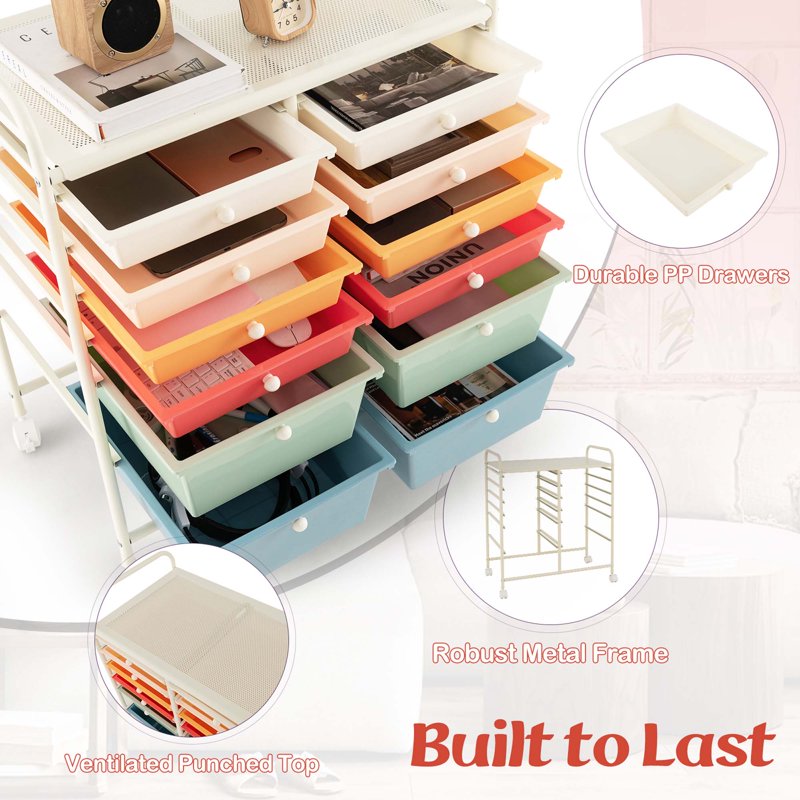 12-Drawer Rolling Storage Cart with Plastic Drawers for Home & Office Organization
