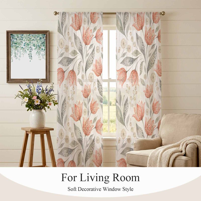 Peach Floral Sheer Curtains Set - 96 Inch Length, Multiple Sizes, Farmhouse Style