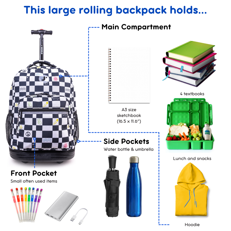 Kids & Adults 18-Inch Rolling Backpack for School & Travel - Lightweight & Durable with Multiple Compartments