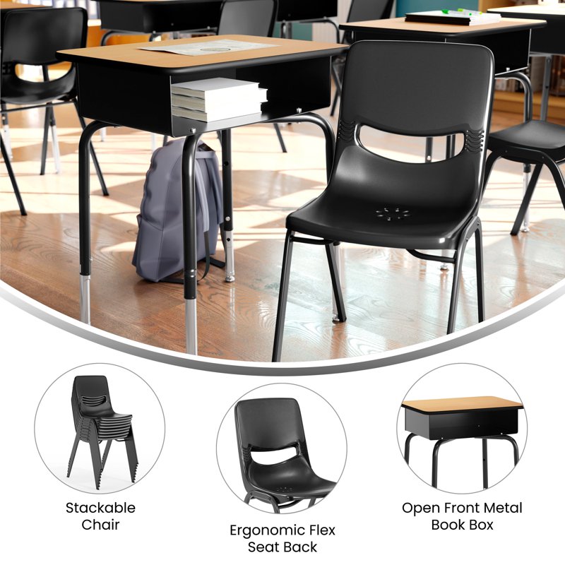 Student Desk with Classroom Stack Chair Set - Natural Top, Black Frame