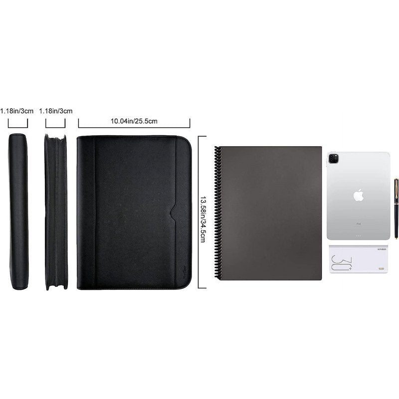 Leather Portfolio Binder with Zipper Notepad and Tablet Sleeve - Business Organizer