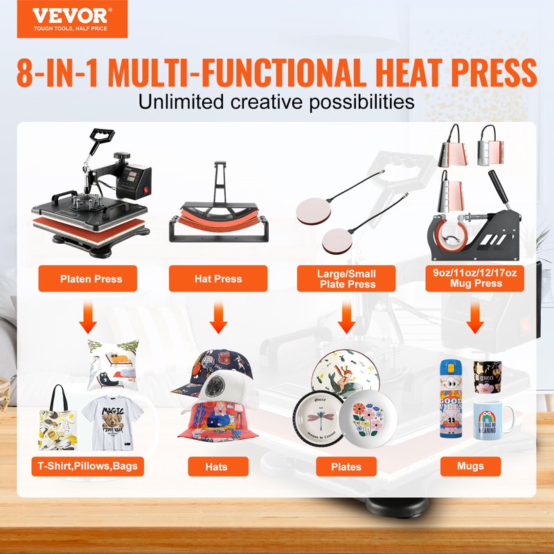 8-in-1 Digital Heat Press Machine 12x15 Inch for T-Shirts Mugs Hats