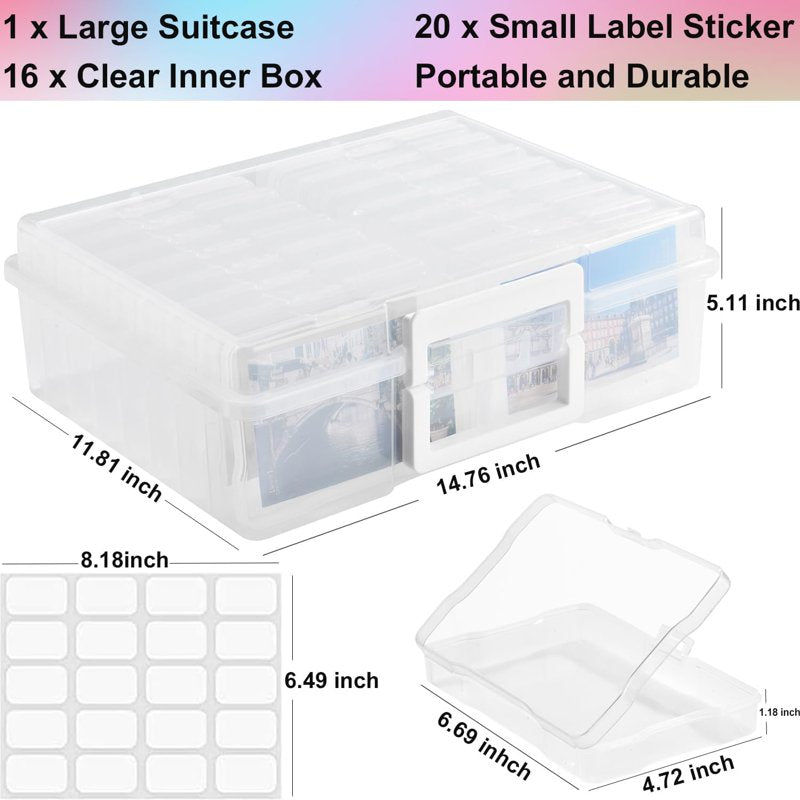 Multi-Functional Photo Storage Box with 16 Clear Photo Cases, Portable Organizer for Pictures, Crafts, and Office Supplies