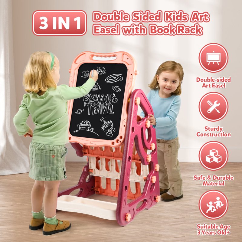 Kids Art Easel 3-in-1 Double-Sided Magnetic Whiteboard & Chalkboard, Adjustable Standing Toddler Art Desk
