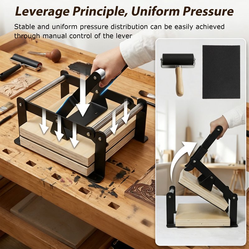 A4 Linocut Printing Press Machine with Rubber Roller & Felt Pads for Art & Craft
