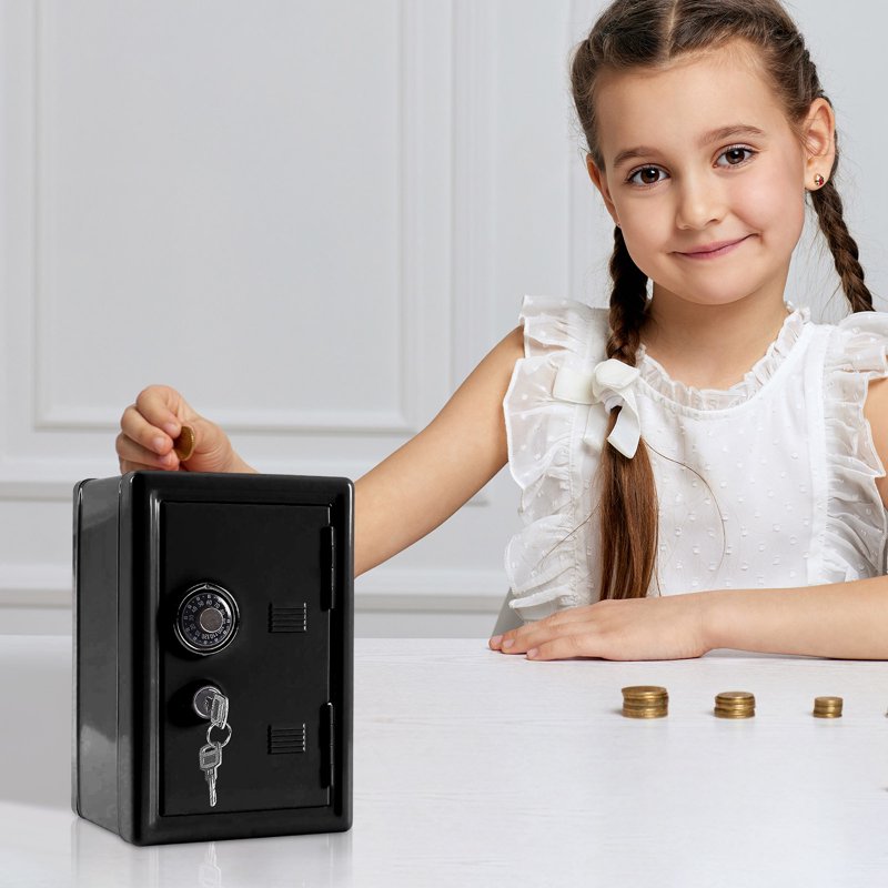 Kids Money Safe with Dual Lock & Password Key | Mini Metal Piggy Bank