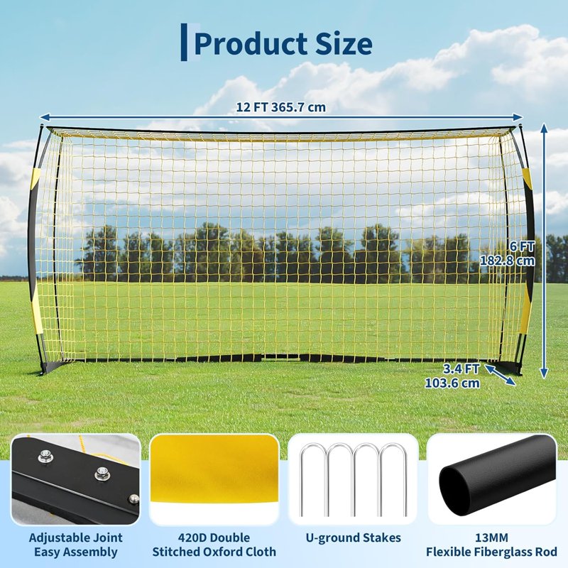 12 x 6 ft Backyard Soccer Goal with Carry Bag, Metal Base & Ground Stakes
