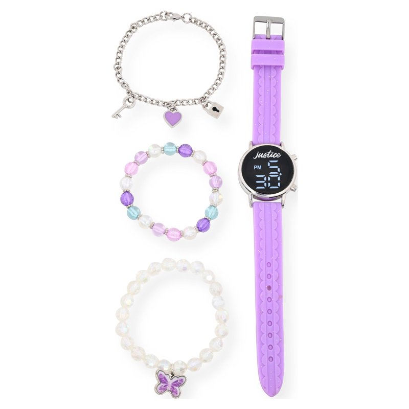 Unisex 4-Piece Watch & Bracelet Set with Silicone Strap in Lavender