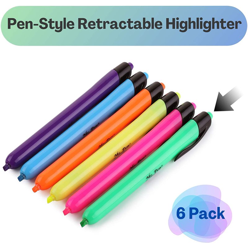 Retractable Highlighters 6-Pack Assorted Colors - Quick Dry, Smear-Resistant