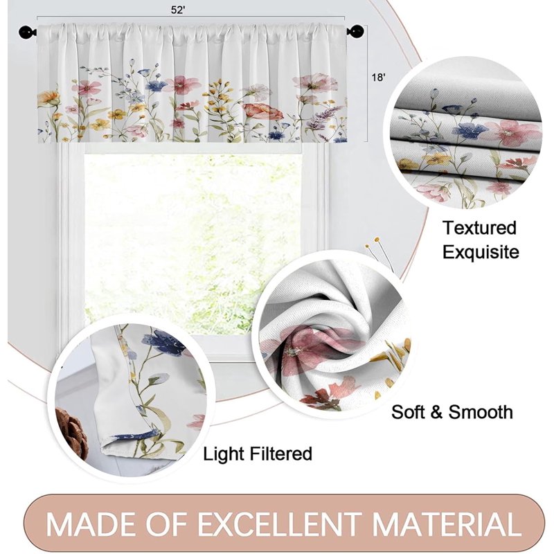 Window Valances with Floral & Eucalyptus Patterns - 18x52 Inch Adjustable Rod Pocket Drapes - Pack of 2