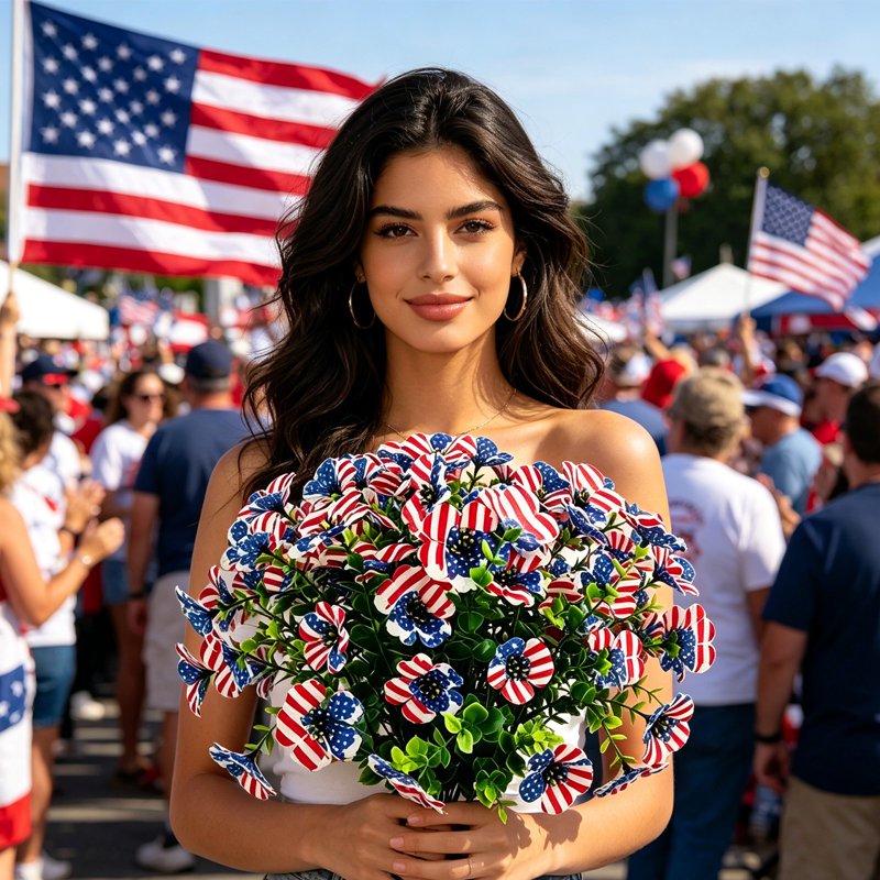Patriotic Artificial Flower Bouquet Red White Blue for 4th of July Decor