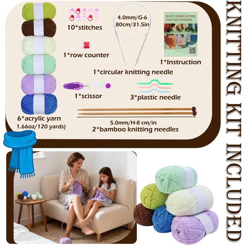 Beginner Knitting Kit for 6 Patterns with Yarn Needles & Accessories
