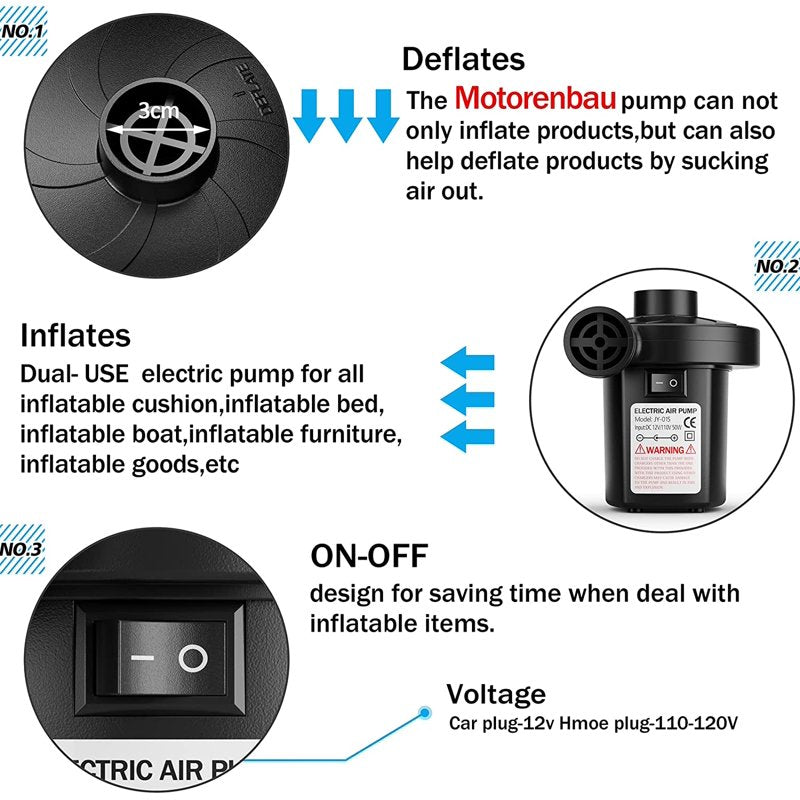 Electric Air Pump for Inflatables Portable Quick-Fill with 3 Nozzles