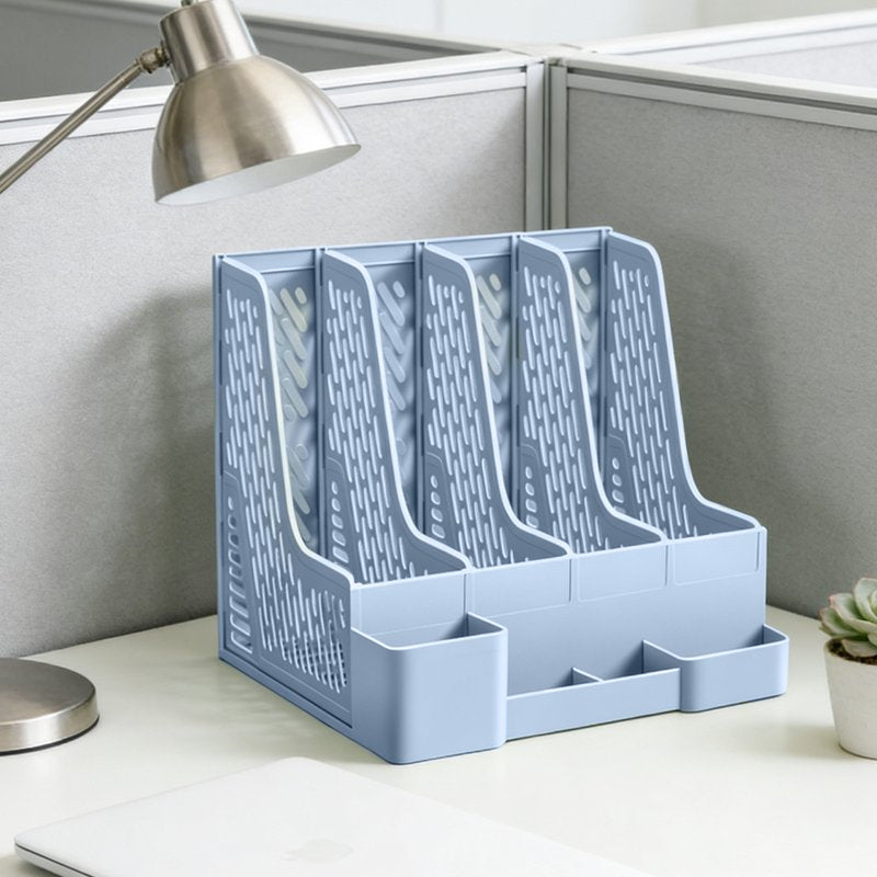 Multi-Compartment Desk File Organizer with Detachable Pen Holders - Plastic Storage Rack for Office and Home