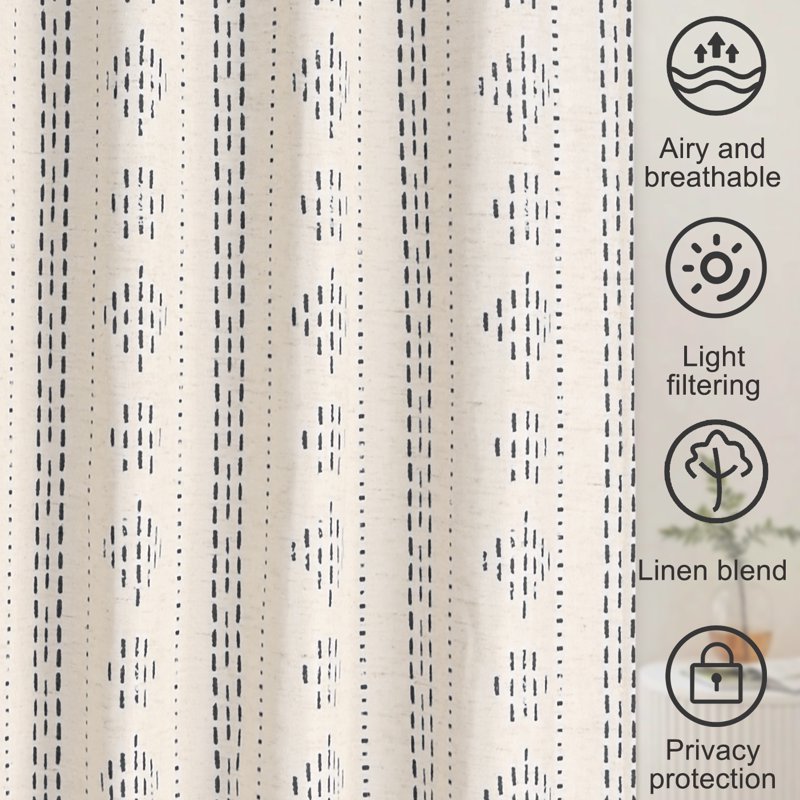 Boho Farmhouse Linen Curtains with Geometric Stripes - Light Filtering Window Drapes, 2 Panels