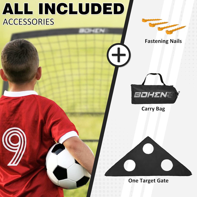 BOHEN 6x4FT Portable Soccer Goal with Net, Stakes & Carry Bag - Black