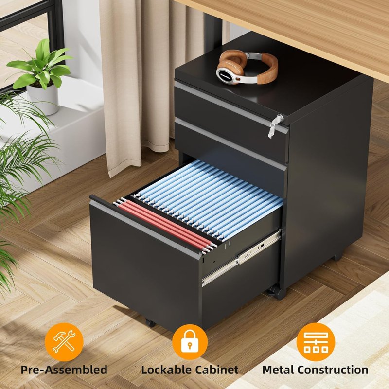 Mobile File Cabinet with Lock and Wheels - 3 Drawer Metal Storage for Office, Legal and Letter Sizes