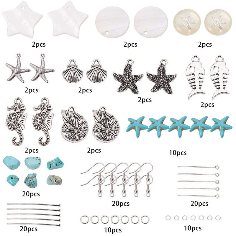 DIY Jewelry Making Kit for Earrings - Starfish, Seahorse, Shell Turquoise Pendants, Complete Supplies for 10 Pairs