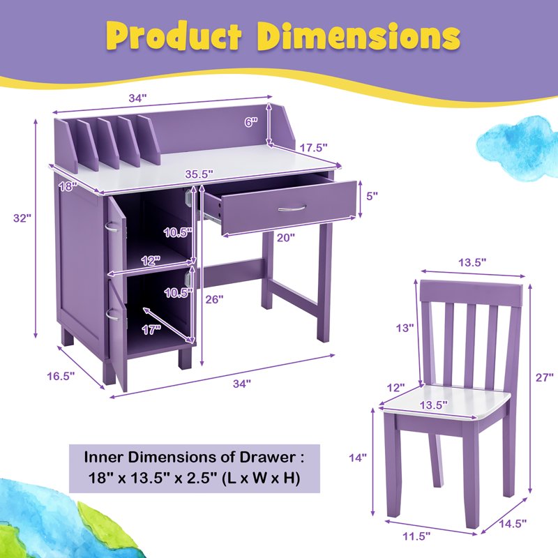 Kids Wooden Study Desk & Chair Set with Storage Drawer - Suitable for Ages 3-8