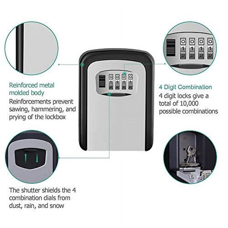 Heavy Duty Wall Mount Key Lock Box with 4-Digit Combination - Holds Up to 5 Keys