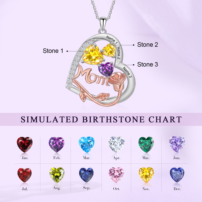 Personalized Brass Heart Necklace with Birthstones for Mom - Family Jewelry