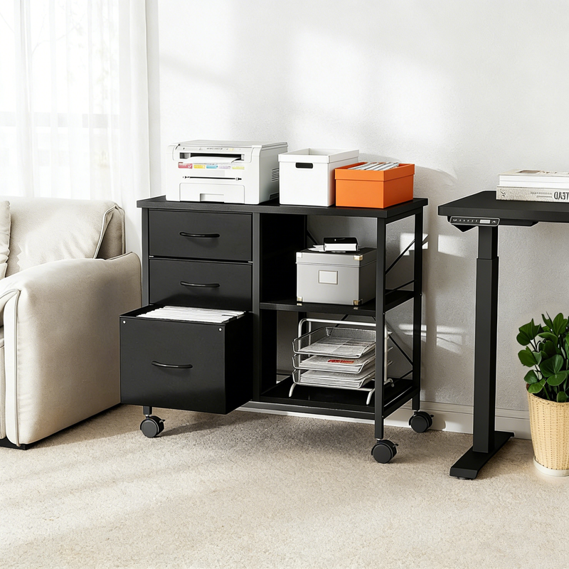 3-Tier Mobile File Cabinet with Lockable Casters and Storage - Rustic Black