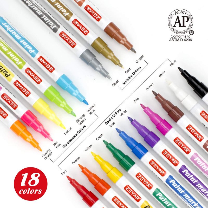 ZEYAR Extra Fine Point Paint Markers 18 Colors Waterproof Permanent Surface Markers