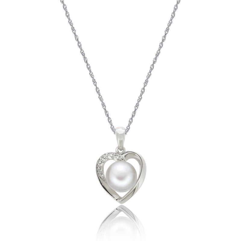 Sterling Silver Pearl and White Sapphire Pendant Necklace - 18 Inch Chain