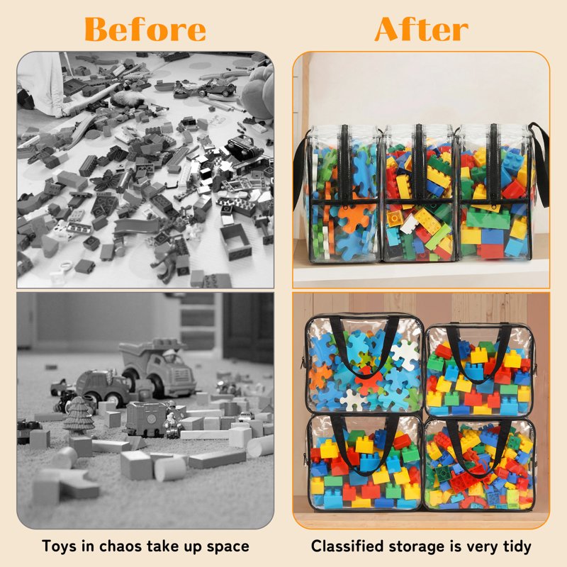Clear Toy Storage Bags with Handles - 6 Pack, Waterproof Organizer Bins