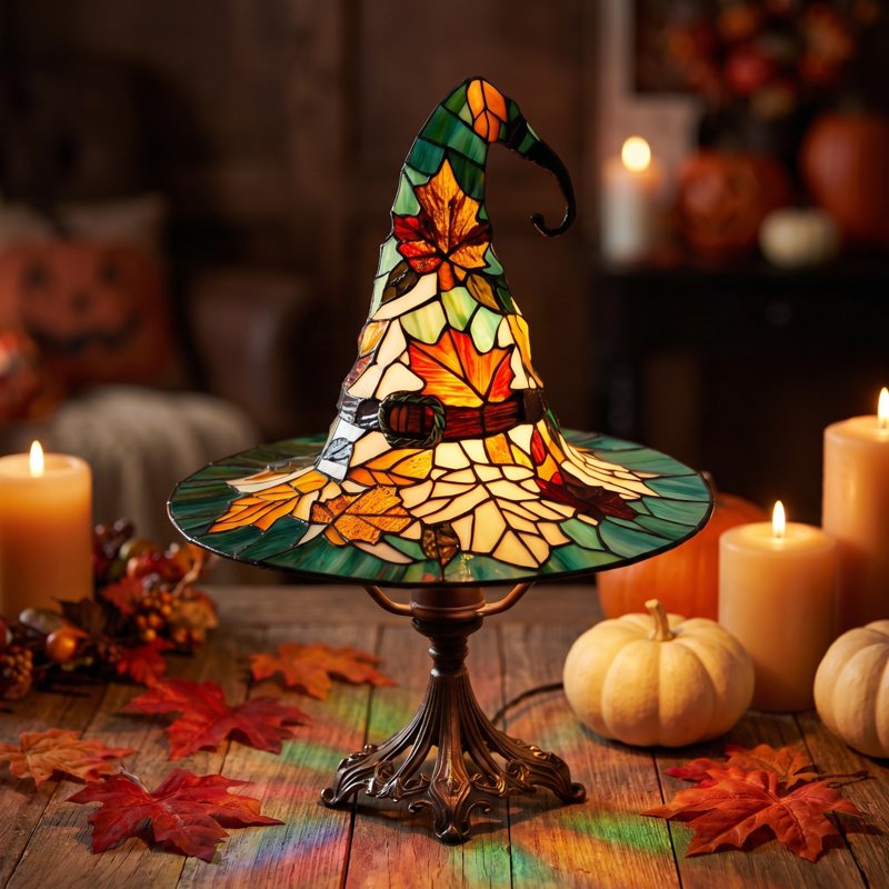 Halloween Witch Hat Lamp with Tiffany Stained Glass Design - Fall Decor for Home & Party