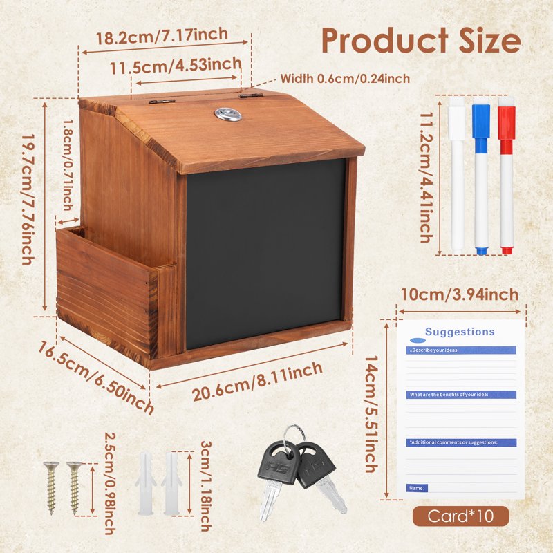 Wood Suggestion Box with Lock and Slot, Includes 10 Cards & 3 Erasable Pens