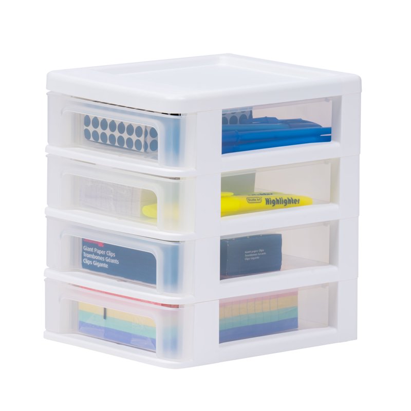 Small 4-Drawer Desktop Organizer - Compact Stacking Storage Unit, White-Clear