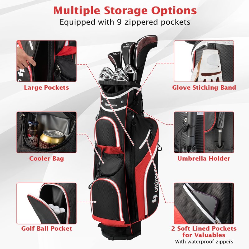 Gymax Red 14-Way Golf Cart Bag with 9 Pockets & Rain Hood