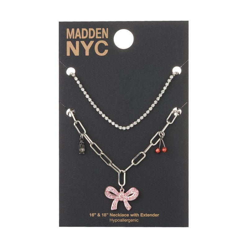 Women's Rhodium Bow Charm Pendant Necklace Set - Adjustable, Gift Ready
