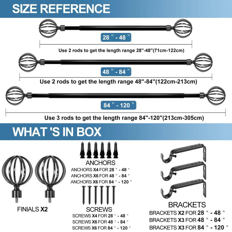 Heavy-Duty Steel Cage Curtain Rod with Finials - Supports Light & Heavy Drapes