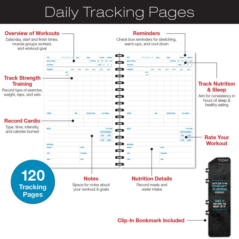 Fitness Journal with Workout & Nutrition Tracking, Durable Cover & Bookmark