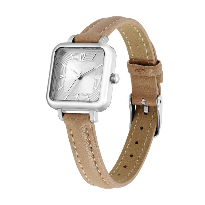 Women's Leather Strap Wristwatch with Silver Dial and Modern Square Design