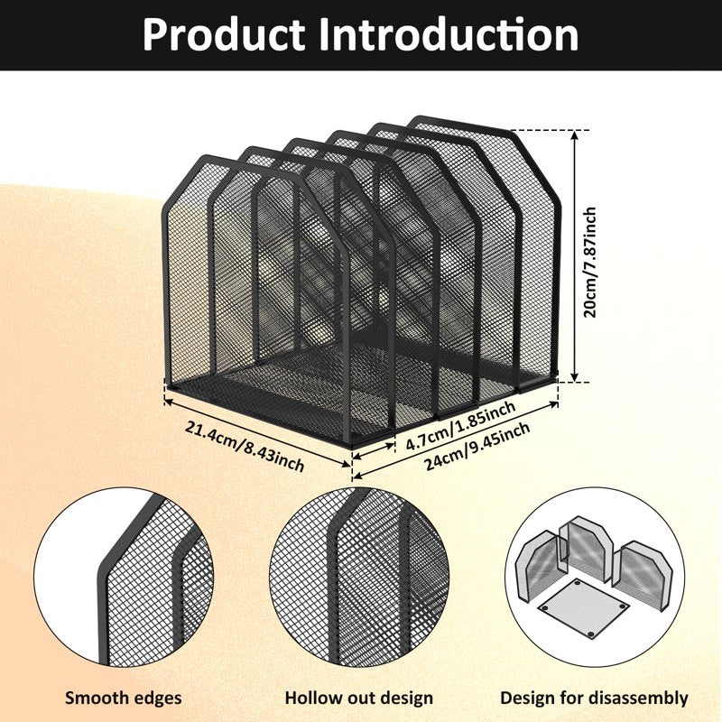 Adjustable Metal Desktop File Organizer - 5 or 7 Compartments, Mesh Office Storage