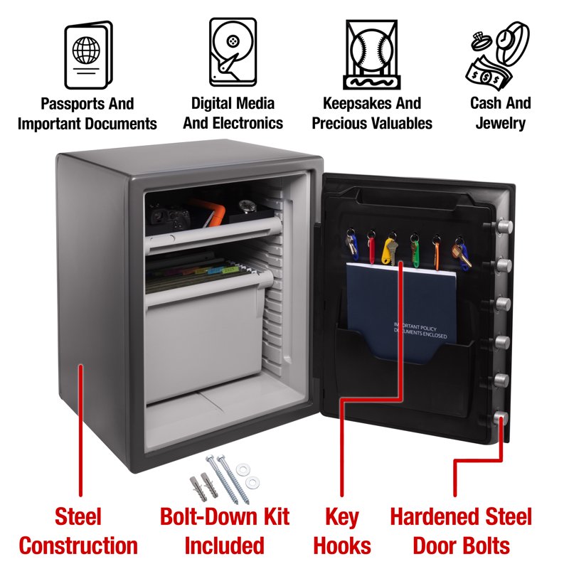 Fire and Waterproof Security Safe 2 Cu Ft Steel Gray with Combination Lock