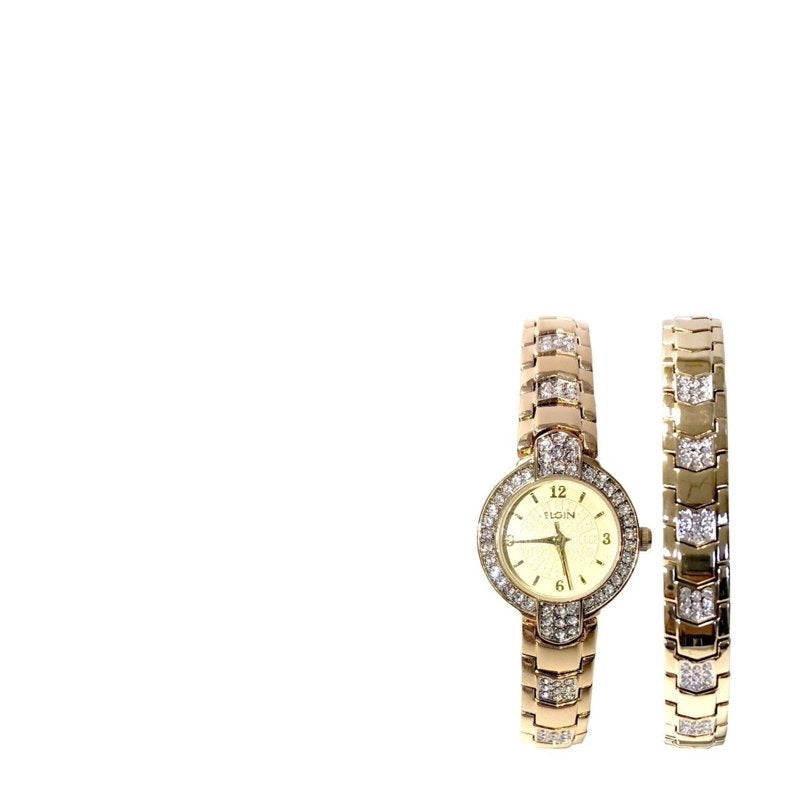 Gold Analog Watch Set for Women with Arrow Link Bracelet - Elgin EG1010ST